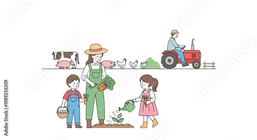 Family Farming Life: Parents and Kids in Garden with Tractor and Farm Animals