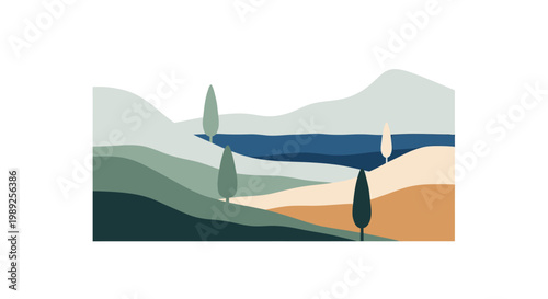 Abstract Landscape with Hills, Water, and Cypress Trees in Muted Colors