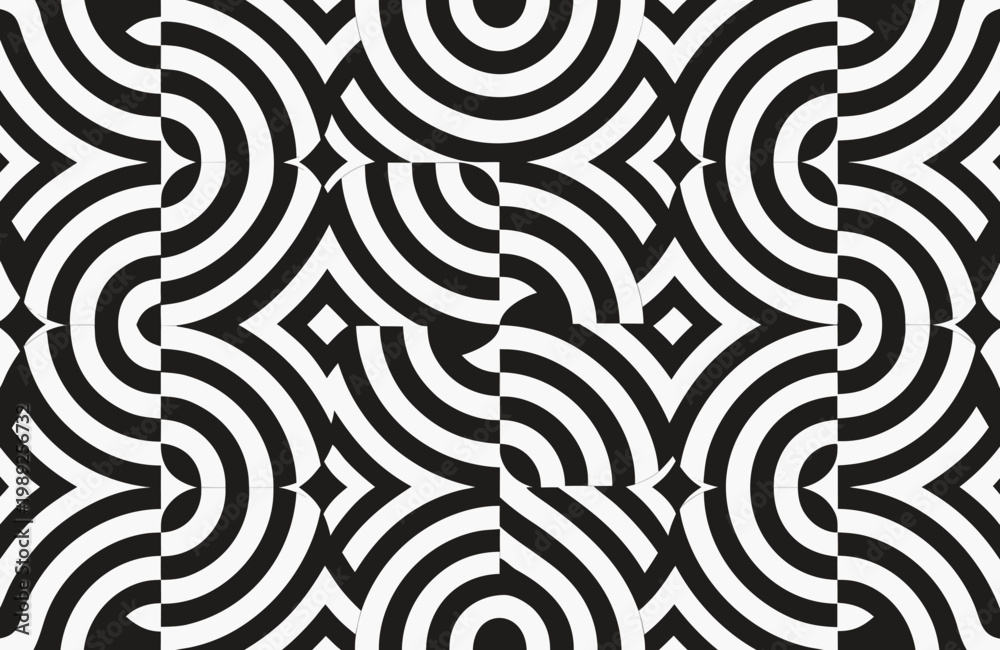 Obraz premium High contrast monochrome pattern with repeating circular arcs and geometric shapes