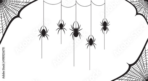 Halloween spider web icons, black spiders hanging, cobweb decorations isolated on Transparent Background