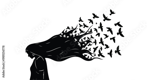 Woman's flowing hair transforms into a flock of birds against a white background, symbolizing freedom and transformation.