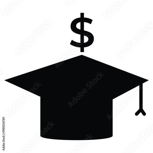 Graduation cap with dollar sign on top symbolizing education cost or student loan debt featuring tuition fee, academic degree, university with