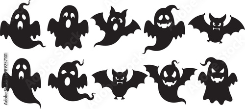 Halloween ghosts, bats, spooky silhouettes, black icons, vector set isolated on Transparent Background