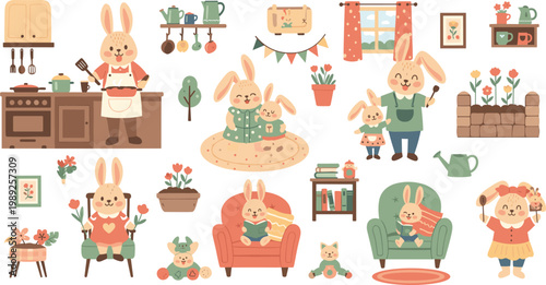 Cute Bunny Family Character Set with Home Activities Including Cooking Gardening Reading and House Decor for Childrens Storybooks and Lifestyle Designs Transparent Background PNG