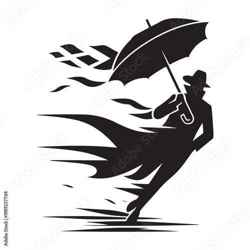 Foto Storm Chaser with Windblown Coat and umbrella bending, lightning flash vector silhouette logo design illustration