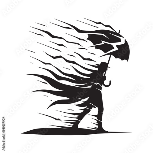 Tablou pe pânză Storm Chaser with Windblown Coat and umbrella bending, lightning flash vector silhouette logo design illustration