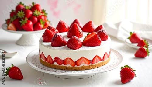 A strawberry shortcake on a decorative plate surrounded by strawberries