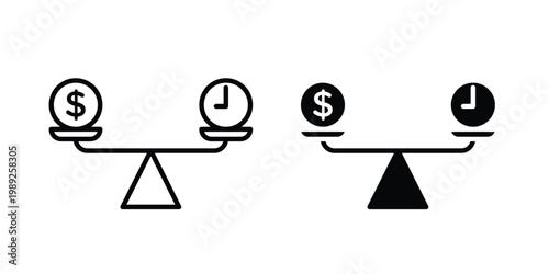Time and money scale icon set, isolated on white background flat vectors