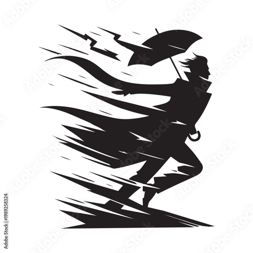 Photography Storm Chaser with Windblown Coat and umbrella bending, lightning flash vector silhouette logo design illustration