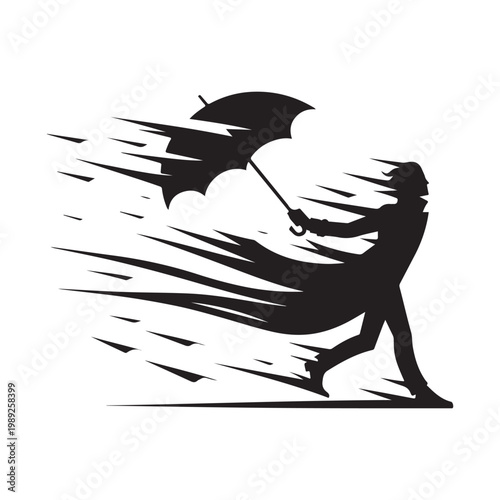 Storm Chaser with Windblown Coat and umbrella bending, lightning flash vector silhouette logo design illustration. abstract storm chaser icon set collection