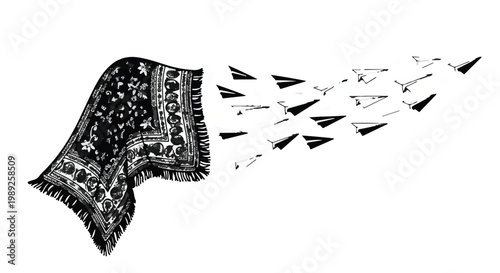 Intricate patterned rug transforms into a flock of paper airplanes taking flight