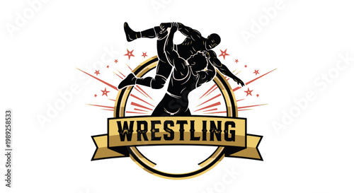 Dynamic wrestling tournament logo featuring two athletes in a throw pose, set against a gold circle with stars and a banner.