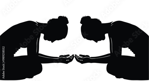 Two silhouetted figures bowing in unison, offering open hands in a gesture of respect or welcome.
