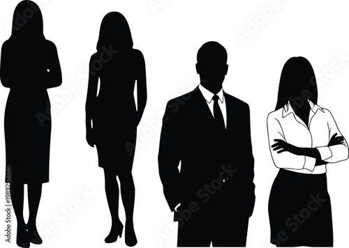Business people silhouettes, confident corporate professionals standing isolated, men and women office workers, leadership concept, formal attire vector illustration