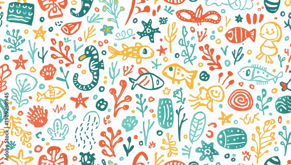 Naklejka premium Colorful and Fun Marine Life Pattern with Underwater Elements