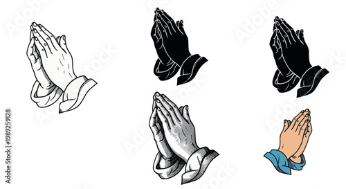 A diverse collection of praying hands icons in line art, silhouette, and colored styles for religious and spiritual designs.