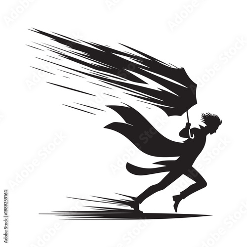 Storm Chaser with Windblown Coat and umbrella bending, lightning flash vector silhouette logo design illustration. abstract storm chaser icon set collection