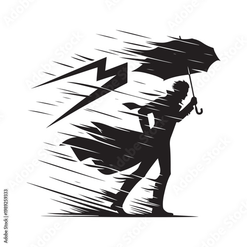 Konstfotografi Storm Chaser with Windblown Coat and umbrella bending, lightning flash vector silhouette logo design illustration
