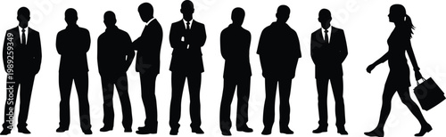 Businessmen silhouettes standing in row, professional woman walking away with briefcase, gender imbalance in male dominated workplace, stock illustration