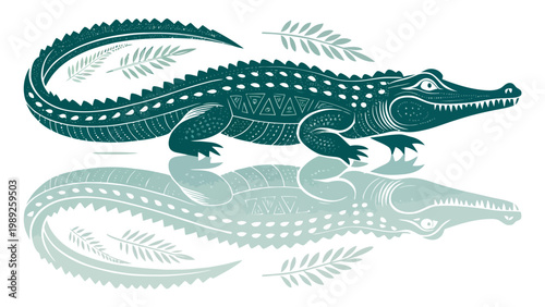 A vector graphic illustration of a crocodile with tribal patterns and reflection