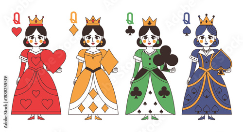 A charming set of four vector queen characters representing the suits of a standard deck of playing cards: hearts, diamonds, clubs, and spades.