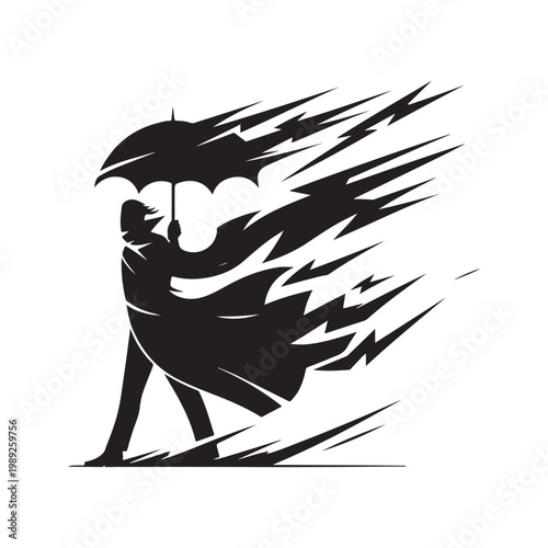 Storm Chaser with Windblown Coat and umbrella bending, lightning flash vector silhouette logo design illustration. abstract storm chaser icon set collection
