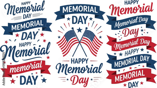 Happy memorial day patriotic american flags banners for remembrance celebration
