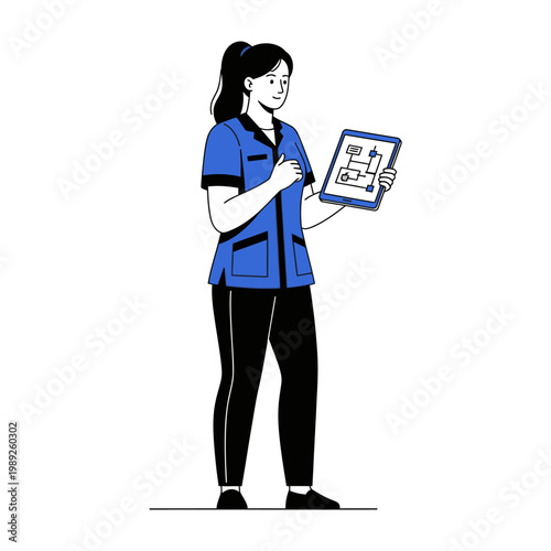 Woman scientist in lab coat overseeing a fleet of autonomous service robots, demonstrating AI, robotics, and smart technology management.