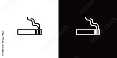 タバコのラインアイコン。白い線と黒い線のモノクロベクターイラストセット