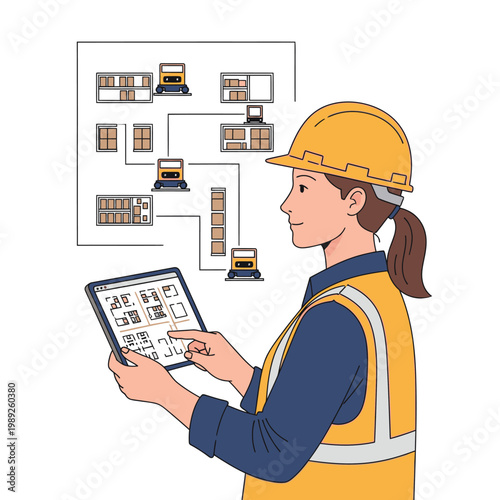 Female engineer in hard hat and vest using tablet to manage warehouse logistics and automated robots