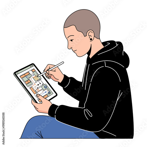 Young person with short hair wearing a black hoodie drawing on a tablet with a stylus, creative process