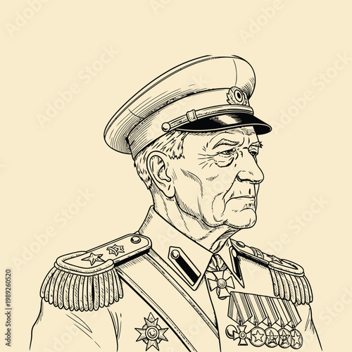 Vintage sketch of a distinguished military officer in formal uniform