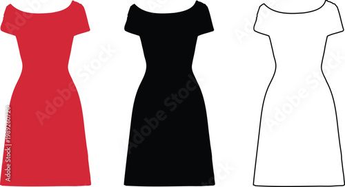 Three simple dress silhouettes in red black and white