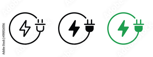Electric Car Charging Icon Plug Cable Lightning Bolt Green Energy Power Station Vector Illustration Collection Isolated Background