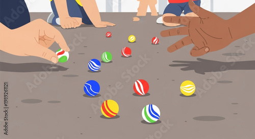 Children Playing a Traditional Game of Marbles Illustration