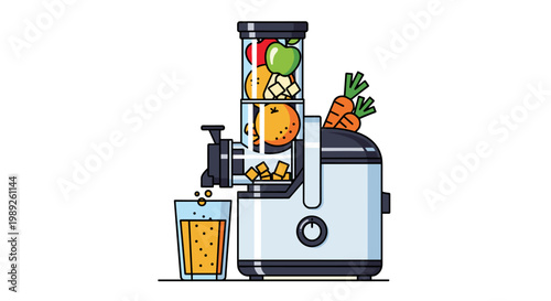 Juice extractor with colorful fruits and vegetables, fresh beverage ready  