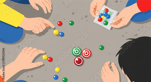 Top-Down View of Children Playing Traditional Marbles Game