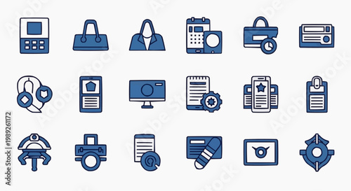 Modern blue business icons set, 18 professional corporate vector symbols, office management and digital marketing line icons for web design