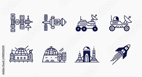 Space exploration line icon set, 8 vector elements of moon base and mars rover, futuristic spacecraft and satellite technology symbols for astronomy