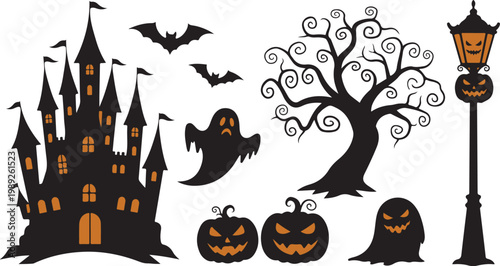 Halloween icons, spooky silhouettes, black and orange, 8 elements isolated on Transparent Background