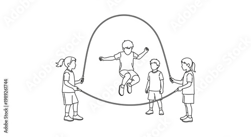 Children Playing Jump Rope - Minimalist Line Art Illustration
