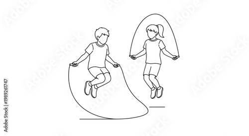 Children Playing Jump Rope Line Art Illustration