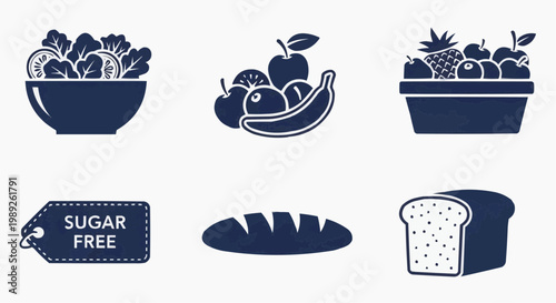 Healthy food icons set with salad bowl, fresh fruit, and bread. Sugar free label and organic grocery vector elements for nutrition and diet apps.