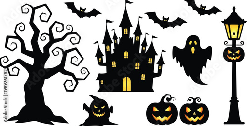 Halloween icons, spooky silhouettes, black vector set, 8 elements isolated on Transparent Background