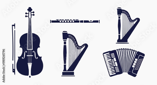 Classical musical instruments vector set, navy blue violin and harp silhouettes, orchestral flute and accordion icons on white background