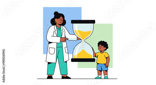 Medical professional and young boy with a large hourglass, representing the concept of time in healthcare, pediatric development, and managing health over time.