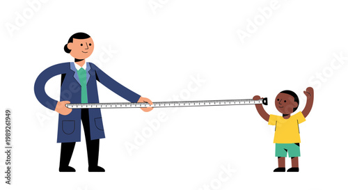 Illustration of an adult and a young child collaboratively using a long measuring tape, representing education, growth, and the process of learning new skills.