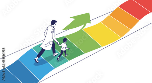Doctor and child walking up a colorful progress path, symbolizing healthcare advancement, pediatric development, and a brighter future for health and well-being.