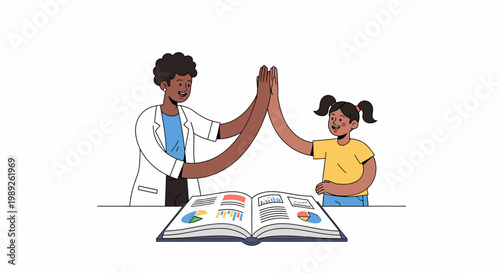 Happy adult and child high-fiving over an open book, symbolizing successful learning, educational achievement, mentorship, and collaborative study. Modern flat illustration.