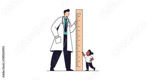 Doctor measuring child's height with a large ruler, symbolizing growth, healthcare, and pediatric check-ups
